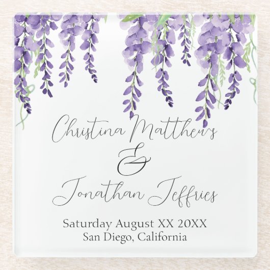 エレガントな白の上の紫の藤の花 ガラスコースター (正面)