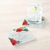 エレガントな白の背景にトロピカルハワイアン フラワーズ ガラスコースター (アングル)