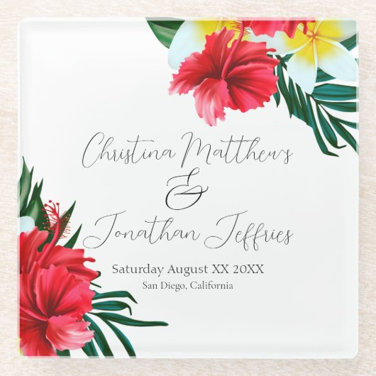 エレガントな白の背景にトロピカルハワイアン フラワーズ ガラスコースター (正面)