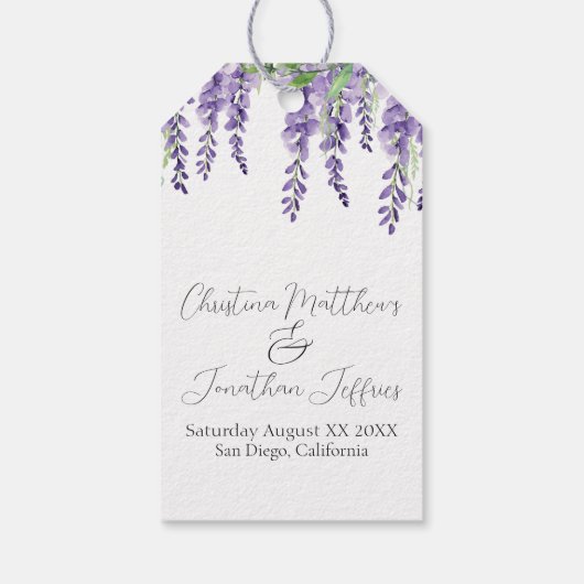 エレガントな白の背景に紫の藤の花 ギフトタグ (裏面)