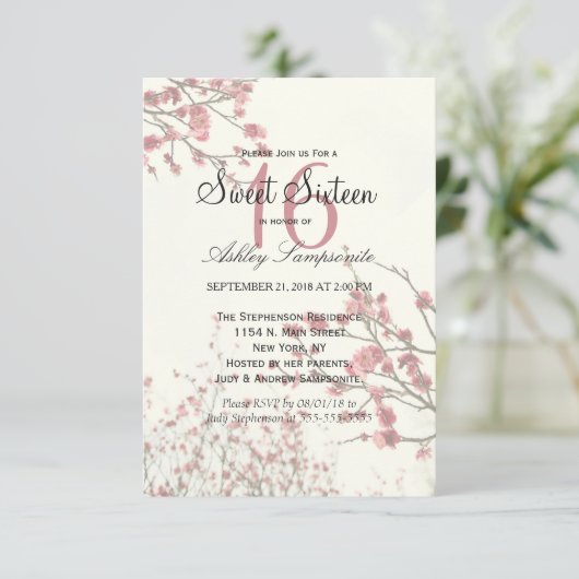 エレガントな白の背景に美しい桜の木 招待状 (スタンド正面)