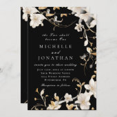 エレガントな白の花のブラック キリスト教の結婚式 招待状 (正面/裏面)