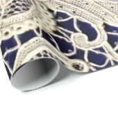 エレガントな白の花模様の古代レース ネイビー ラッピングペーパー (ロールコーナー)