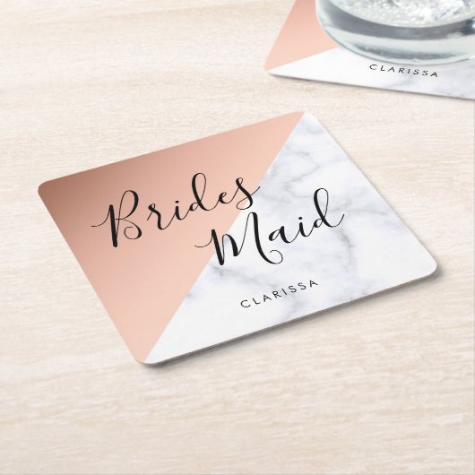 エレガントな白人の大理石及び銅のばら色の金ゴールドの新婦付添人 スクエアペーパーコースター (アングル)