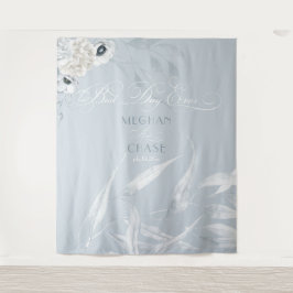 エレガントな白水彩の葉　ダスティーブルー タペストリー