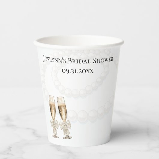 エレガントな白真珠とプロセッコ ブライダルシャワー 紙コップ (正面)