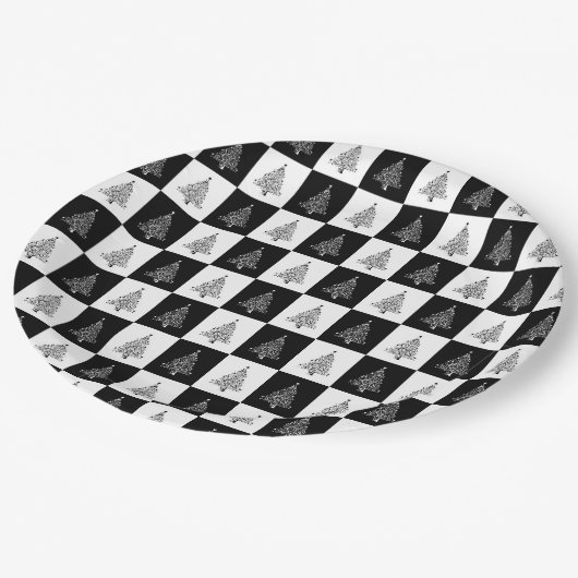 エレガントな白黒のクリスマスツリーパターン ペーパープレート (アングル)