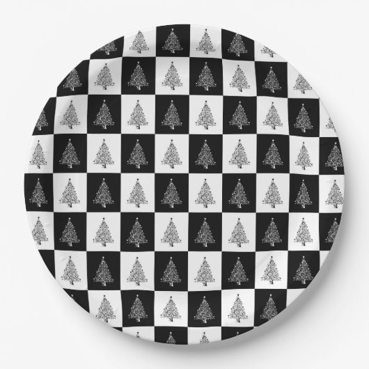 エレガントな白黒のクリスマスツリーパターン ペーパープレート (正面)
