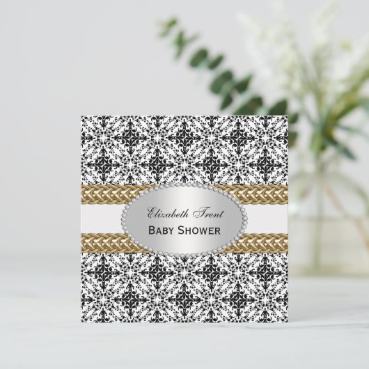 エレガントな白黒のダマスク織#2の金ゴールドのベビーシャワー#2 招待状 (スタンド正面)