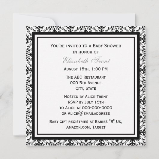 エレガントな白黒のダマスク織#2の金ゴールドのベビーシャワー#2 招待状 (裏面)