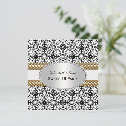 エレガントな白黒のダマスク織#2の金ゴールドの菓子16 #2 招待状 (スタンド正面)