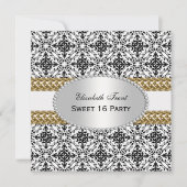 エレガントな白黒のダマスク織#2の金ゴールドの菓子16 #2 招待状 (正面)