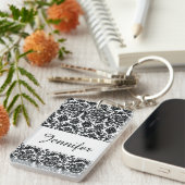 エレガントな白黒のヴィンテージのダマスク織パターン キーホルダー (正面右)