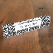 エレガントな白黒のヴィンテージのダマスク織パターン デスクネームプレート (側面)