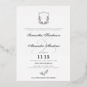 エレガントな白黒の紋章デザインの結婚式 箔招待状 (正面)