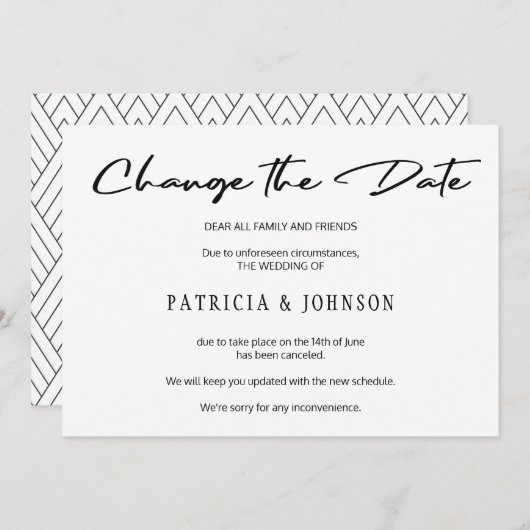 エレガントな白黒の結婚式の日程変更 セーブザデート (正面/裏面)
