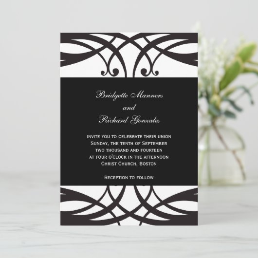 エレガントな白黒の結婚式招待状のアールデコ 招待状 (スタンド正面)