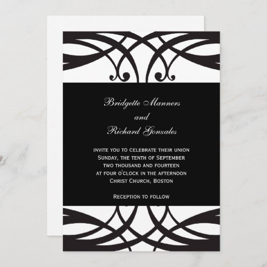 エレガントな白黒の結婚式招待状のアールデコ 招待状 (正面/裏面)
