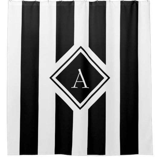 エレガントな白黒の縦ストライプのモノグラム シャワーカーテン (正面)