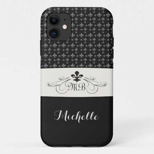 エレガントな白黒の（紋章の）フラ・ダ・リ Case-Mate iPhoneケース (裏面)