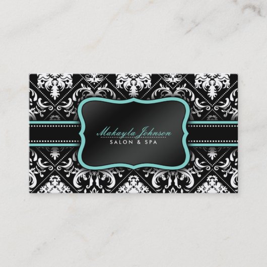 エレガントな白黒ダマスク織のサロンおよびスパ 名刺 (正面)