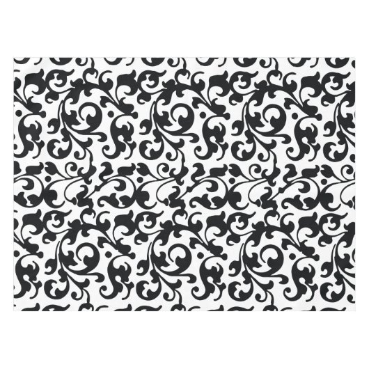 エレガントな白黒ダマスク織の渦巻 テーブルクロス (正面(横))