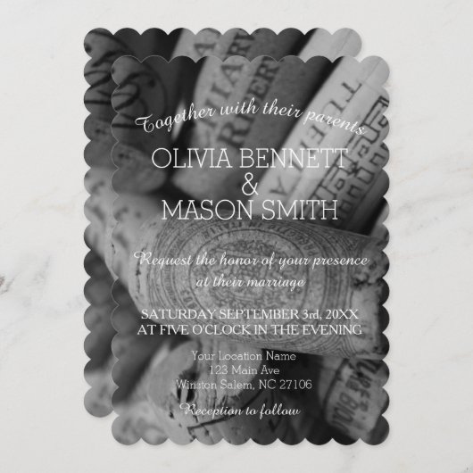 エレガントな白黒ワインのコルクの結婚式の招待状 招待状 (正面/裏面)