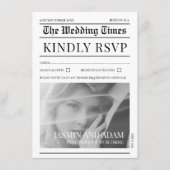エレガントな白黒新聞の結婚式RSVP エンクロージャーカード (正面)