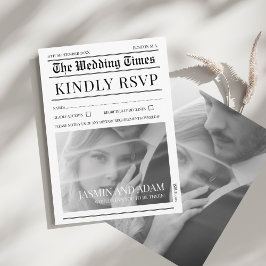 エレガントな白黒新聞の結婚式RSVP エンクロージャーカード