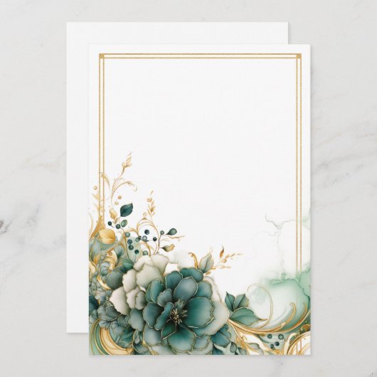 エレガントな白、セージ、ゴールドの花のブランク 招待状 (正面/裏面)