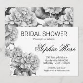 エレガントな白 灰 黒 花 水彩 招待状 (正面/裏面)