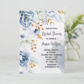 エレガントな白、青、金の花のブライダルシャワー 招待状 (スタンド正面)