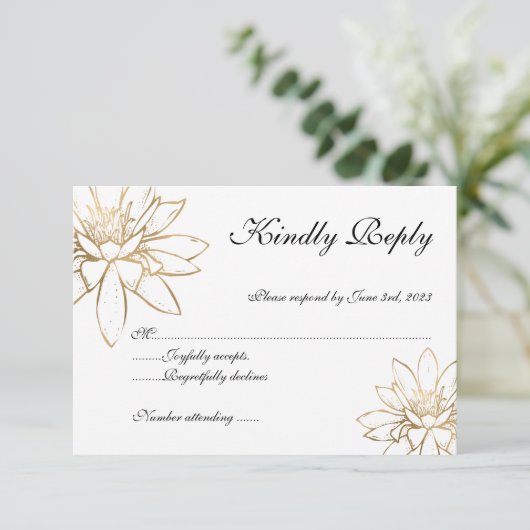 エレガントな白、黒、ゴールドの結婚式出欠確認カード 招待状 (スタンド正面)