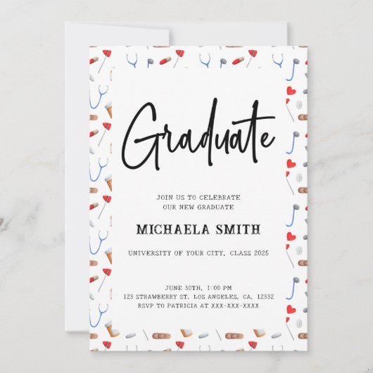 エレガントな看護師 医療パターン 大学卒業生 招待状 (正面)