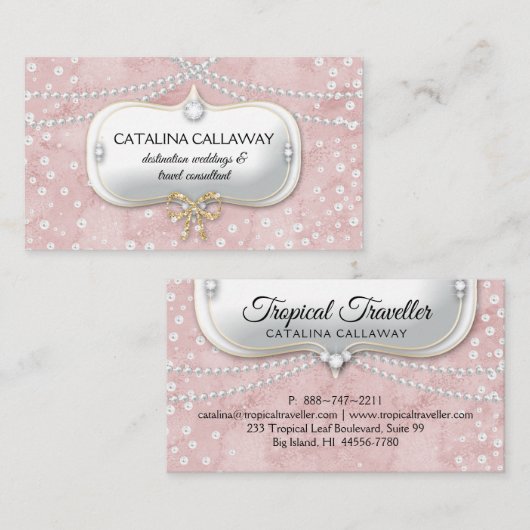エレガントな真珠のピンクのスエードの化粧の宝石類 名刺 (正面/裏面)