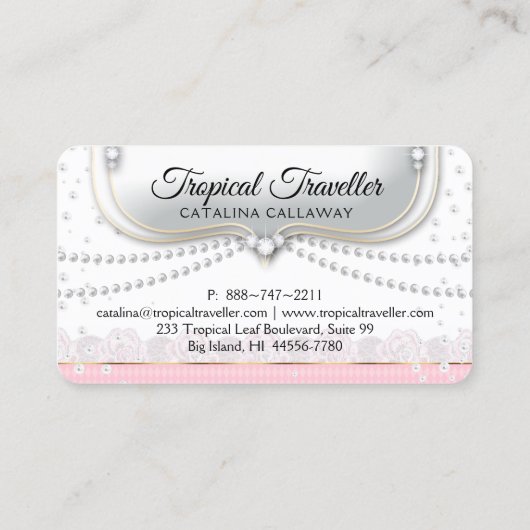 エレガントな真珠のピンクの白いレースの化粧の宝石類 名刺 (裏面)