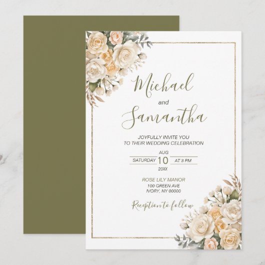 エレガントな真珠の白と象牙のバラの結婚式  招待状 (正面/裏面)