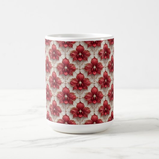 エレガントな真珠ビーズの赤い蘭の模様 コーヒーマグカップ (中央)