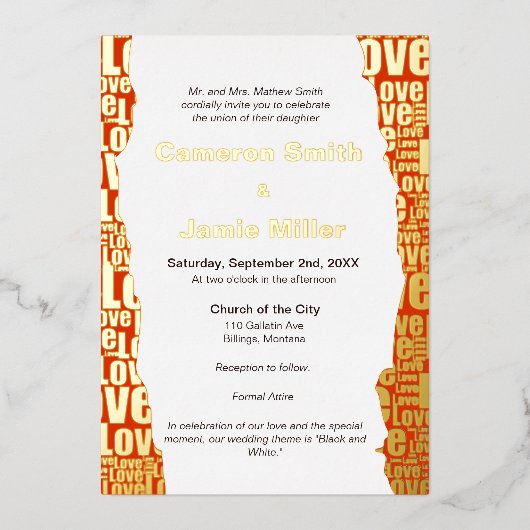 エレガントな真紅の愛のタイポグラフィー ウェディング 箔招待状 (正面)