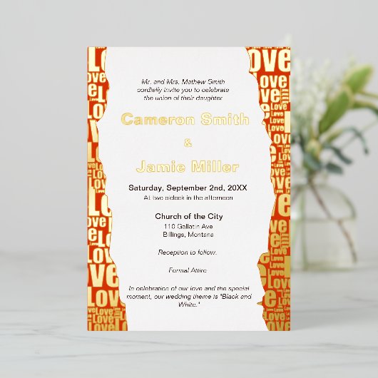 エレガントな真紅の愛のタイポグラフィー ウェディング 箔招待状 (立ち正面)