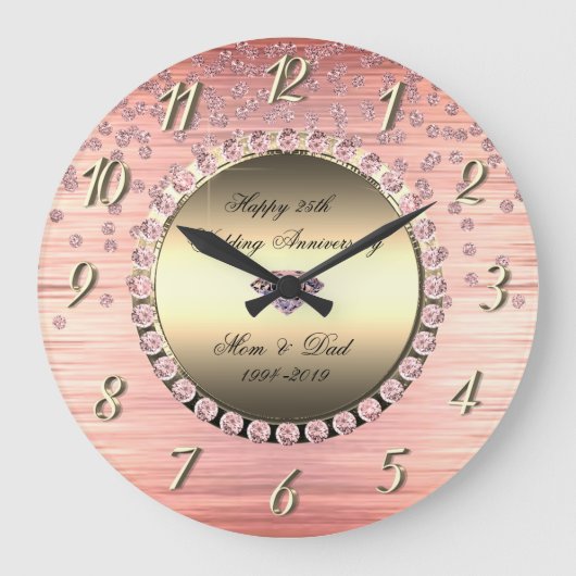 エレガントな祭りのダイヤモンド 25周年結婚記念日 ラージ壁時計 (正面)