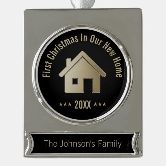 エレガントな私達の新しい家20XX |の初めてのクリスマス シルバープレートバナーオーナメント (正面)