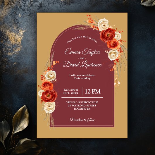 エレガントな秋のオレンジ色のテラコッタ フラワーのウェディング 招待状