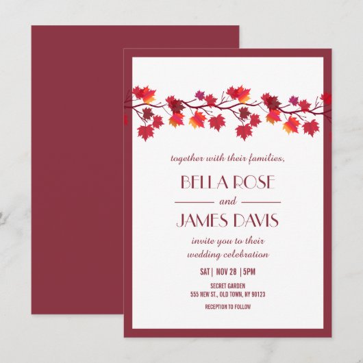 エレガントな秋のバーガンディー結婚式招待状 招待状 (正面/裏面)