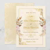 エレガントな秋のブッシュ フローラル ゴールド フレーム ウェディング 招待状 (正面/裏面)