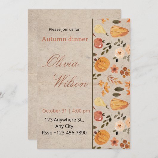 エレガントな秋のポットラックディナー招待状カード 招待状 (正面/裏面)