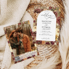 エレガントな秋のワイルドフラワーQRコード写真ウェディング 招待状