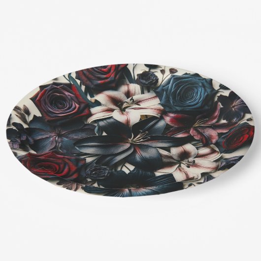 エレガントな秋の押し花ダークウェディング ペーパープレート (アングル)