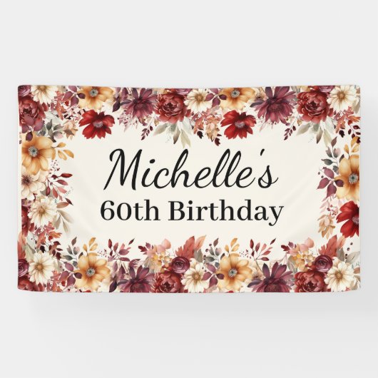 エレガントな秋の水彩花模様 60歳の誕生日 横断幕 (横)
