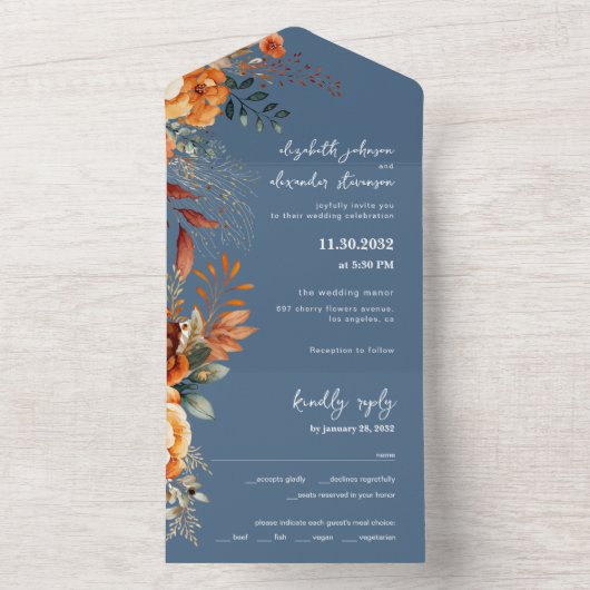 エレガントな秋の花のウェディング デリケートブルー オールインワン招待状 (内側)